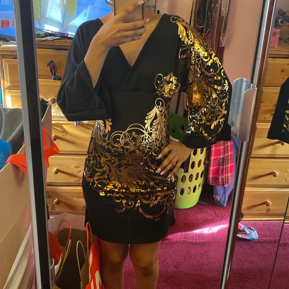 Black and Gold Sheath Dress with Bell Sleeves and V-Neck